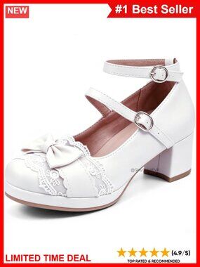 Mary Jane Platform Heels with Bow Lace Ruffles Adjustable Buckle Round Toe